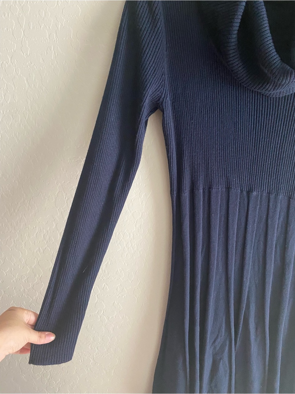 Calvin Klein Navy Blue Ribbed Cowl Neck Fit & Flare Sweater Dress L - Picture 4 of 7